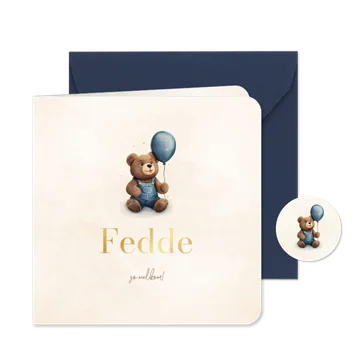 Lief geboortekaartje met teddybeer en blauwe ballon